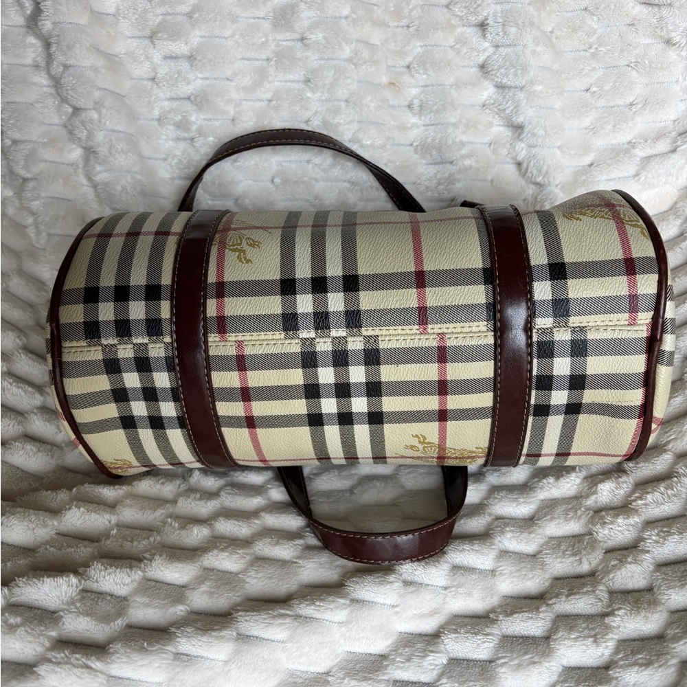 Vintage Burberrys Nova Check Barrel Bag Beige Tan Leather Equestrian Logo - Picture 7 of 14